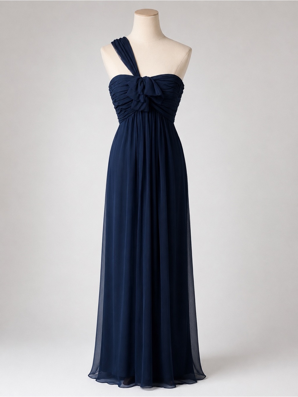 Amsale Navy Blue 100% Silk One Shoulder Ruched Bow Maxi Gown Dress Size 12